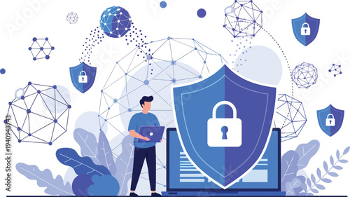 Securing Digital Frontiers: An illustration depicting a person safeguarding a laptop, enveloped by a digital shield and network security elements, signifying data protection and cybersecurity.