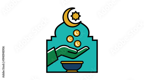 Hands holding bowl under crescent moon and stars, charity, donation, and giving illustration