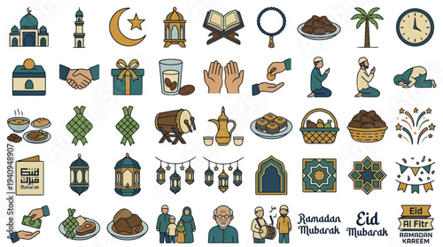 Collection of Islamic cultural icons and symbols representing Ramadan and Eid celebrations with various traditional elements and motifs in a flat design style