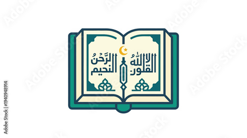 An open book with Arabic calligraphy and Islamic symbols, featuring a crescent moon, on a clean background, viewed from the front