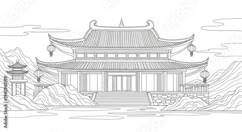 Traditional Asian Temple Architecture Sketch.