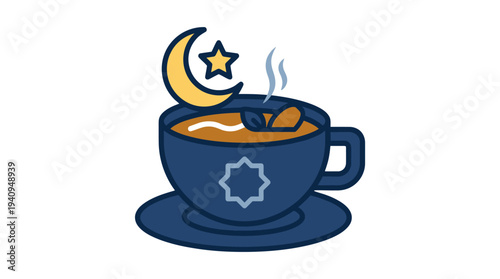 A steaming cup of coffee with cinnamon sticks and spices, beside a saucer, under a crescent moon and star, vector illustration