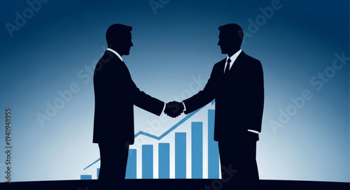 Two businessmen shaking hands in silhouette with a financial graph background.
