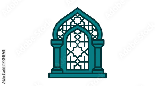 An ornate teal-colored window with intricate designs and patterns, illustration of an architectural feature