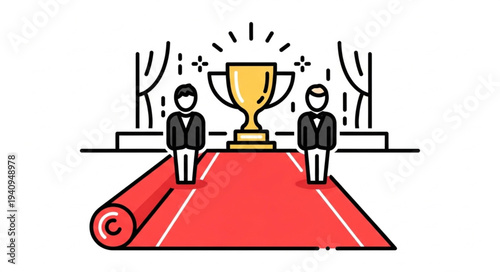 Two men stand on a red carpet with a golden trophy between them.