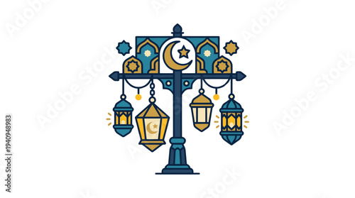 Elegant lanterns hanging from a decorative lamp post with crescent moon and star symbol during Ramadan celebration