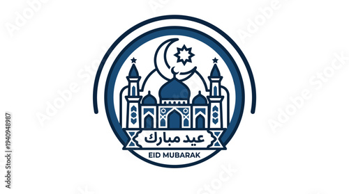 Eid Mubarak illustration featuring mosque, crescent, star, architecture, and celebration in a circular frame
