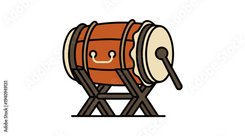Drum being played with a mallet on a stand in a simple vector illustration