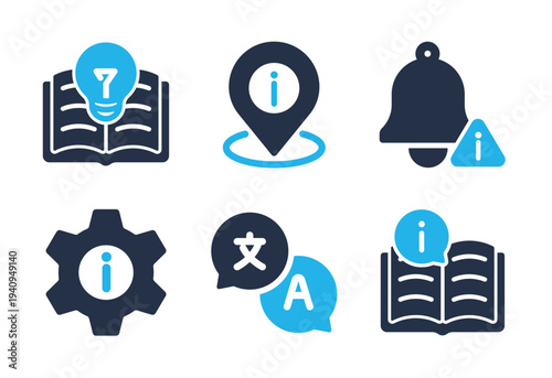 Knowledge Settings and Information Location icon set. Solid glyph series icons