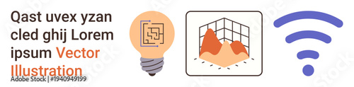 Data analysis tools, tech innovation, wireless communication, digital connectivity, network concepts, creative design. Lightbulb with a maze, graph wireless symbol. Data analysis and tech innovation