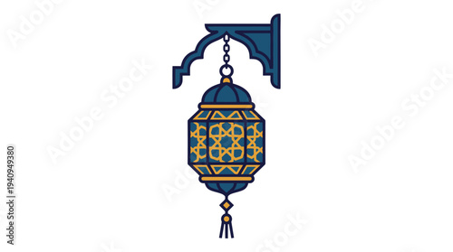Ornate lantern hanging from a decorative bracket, showcasing intricate designs and patterns in a cultural setting