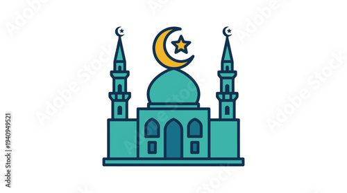 Islamic Mosque Illustration with Crescent Moon and Star Symbol on Minarets