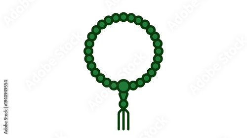 A green rosary illustration with beads and tassel on a simple white background, depicted from a straightforward front view