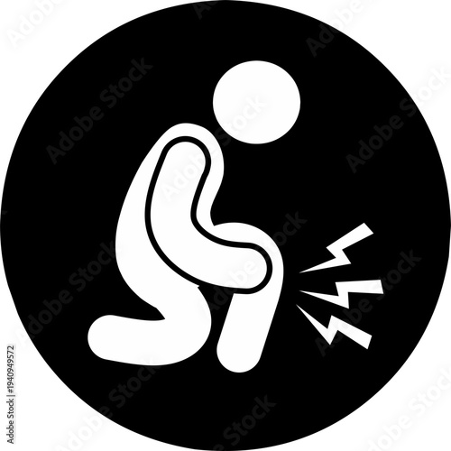 Knee Pain Icon in Circle Frame, White Silhouette on Black Round Background, Joint Inflammation and Leg Injury Symbol for Physiotherapy and Medical Apps.