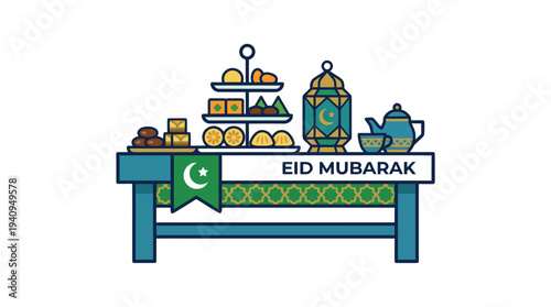 Eid Mubarak celebration setup on a decorated blue table with traditional items and a green flag