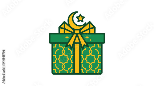 Gift box with crescent moon and star, symbolizing celebration, adorned with Islamic patterns, presented in a festive illustration, viewed from directly above.