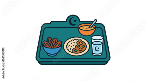 A meal tray featuring various dishes including soup, cake, and drinks, illustrated from a top-down viewpoint.