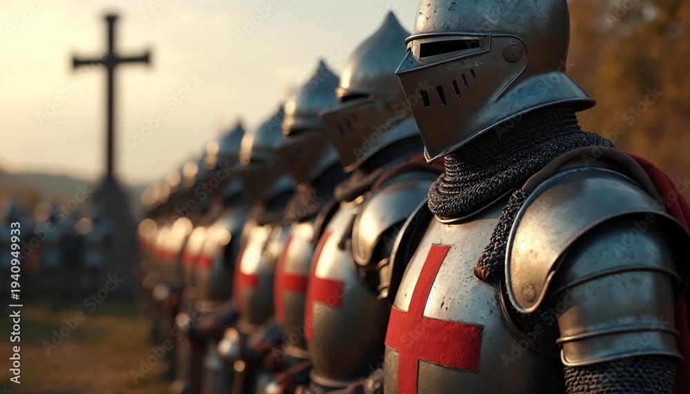Obraz premium Knights in full metal armor with red crosses stand in a line. A large cross stands in the background. Warriors prepare for battle or a historical reenactment.