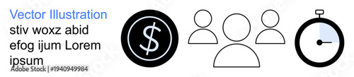 Finance, teamwork, time management, workforce productivity, business operations, efficiency. Black dollar sign, group of three people and a stopwatch. Finance and teamwork concepts