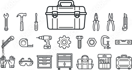 Collection of line art icons representing various essential hand tools and storage containers.