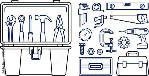 Collection of essential hand tools and portable toolbox icons presented in a clean outline style.