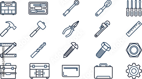 Set of essential line icons representing various mechanical tools, fasteners, and storage containers clearly illustrated.