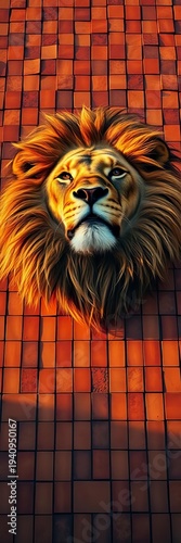 Lion's majestic mane a textured mosaic of ochre squares, viewed from below,  earth tones,  mosaic