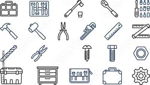 A comprehensive collection of outline icons featuring various essential hand tools and hardware components