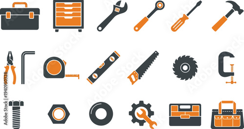 Collection of various dark grey and orange construction and repair tool icons set