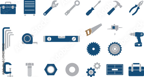 Collection of blue and gray tool icons representing various hardware and construction equipment supplies.