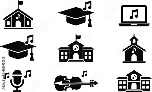 Music education icons set with school building graduation cap microphone violin laptop and musical notes representing learning music classes academy training isolated on white backgroundb