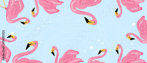 Flamingo banner horizontal. Pink tropical birds on blue water background. Vector illustration in flat style for summer vacation marketing and social media header.