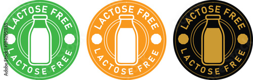 Lactose Free Badge Set with Milk Bottle Icon in Circular Seal Design, Modern Dietary Food Label Collection for Dairy Packaging, Allergy Friendly Branding, Grocery Products