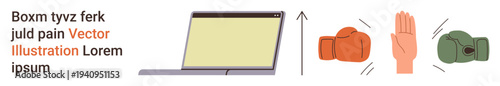 Conflict resolution, teamwork, online communication, nonverbal cues, virtual disputes, negotiation techniques. A laptop, boxing gloves and a hand symbol. Conflict resolution and teamwork