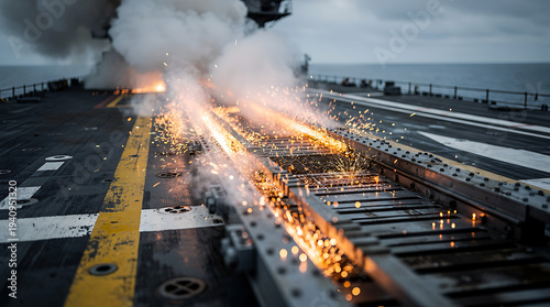 Aircraft carrier deck with sparks and smoke during launch