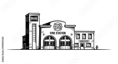 Vintage Fire Station Building with Large Bay Doors and Tower.