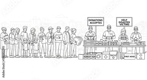 Volunteers collecting donations for disaster victims illustration.
