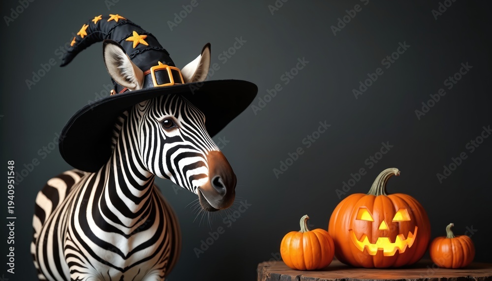 Obraz premium Zebra wears witch hat near glowing carved pumpkins. Spooky Halloween animal scene with festive orange gourds. Fall holiday celebration concept. Dark background.