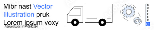 Logistics, automation, delivery services, technology, process optimization, transportation. Minimalist truck outline and cogwheels. Logistics and automation symbols for technology integration