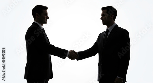 Two businessmen shaking hands in silhouette against a white background.