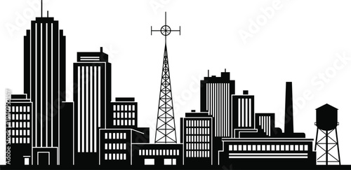 Black and white urban skyline silhouette featuring modern skyscrapers, industrial buildings, radio communication tower and water tank, minimalist cityscape illustration isolated on light background
