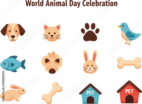 Colorful illustration for World Animal Day Celebration featuring various pet animal icons