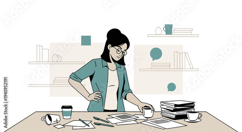 Stressed Woman Working Late at Desk with Coffee and Papers