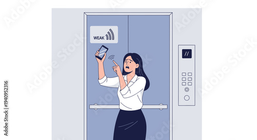 Woman distressed in elevator with weak phone signal