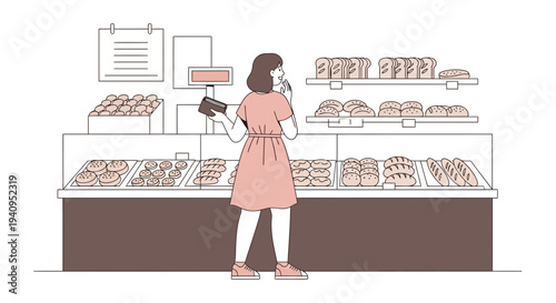 Woman choosing bread in bakery, bakery display with fresh bread and pastries, shopping concept
