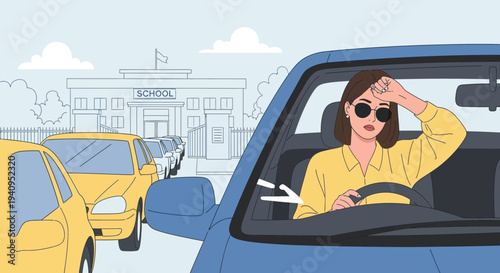 Woman driving in traffic jam near school, feeling frustrated