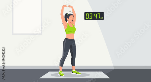 Woman exercising at home with timer, fitness workout, healthy lifestyle