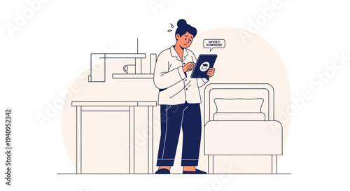 Woman in pajamas looking worried at tablet in bedroom, healthcare concept