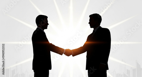 Two businessmen silhouettes shaking hands in agreement.