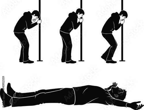 Medical emergency illustration, person fainting collapsing sequence, health crisis awareness, loss of consciousness, educational healthcare concept, safety training visual, vector art